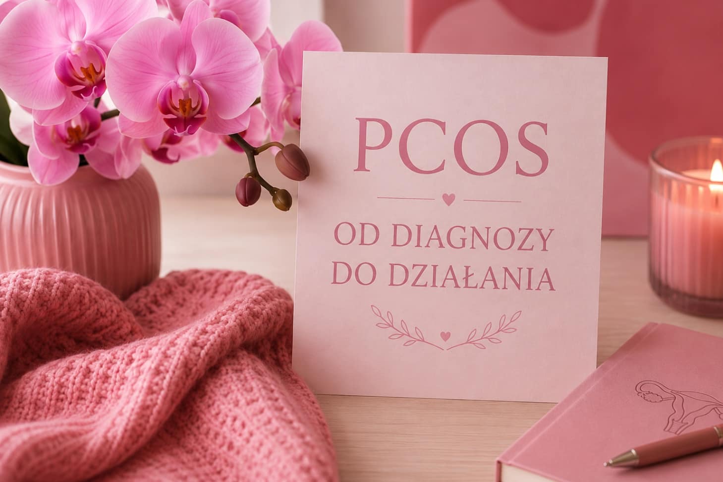 kartka z napisem PCOS od diagnozy do działania, w różowym tle orchidea