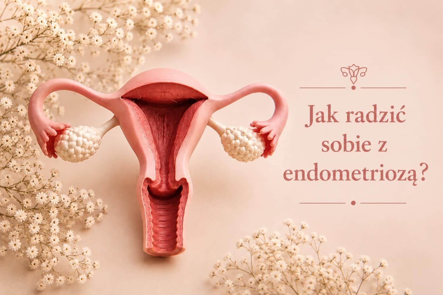 Obrazek układu rozrodczego kobiety z napisem "jak radzić sobie z endometriozą?"
