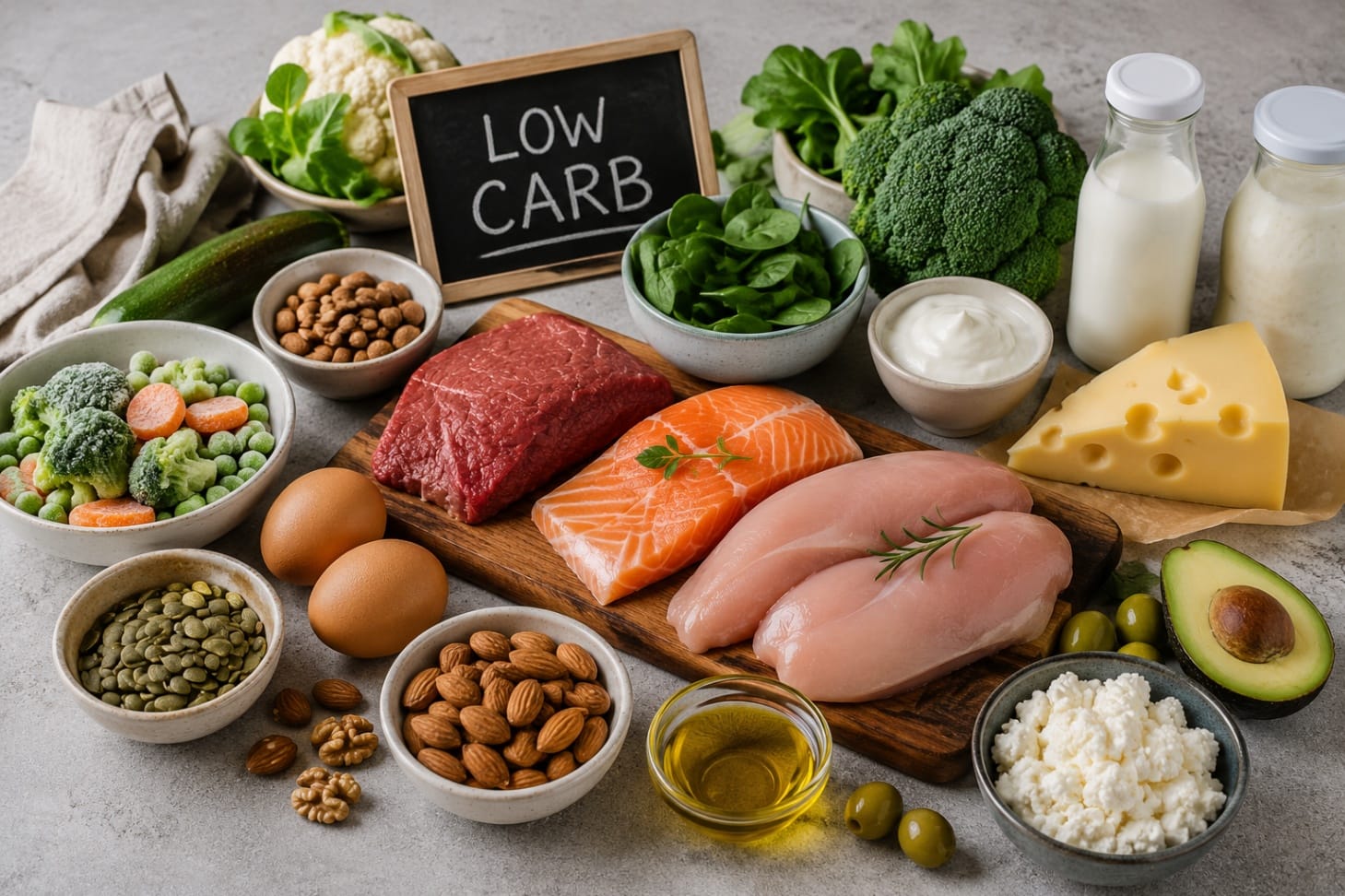 Produkty zalecane na diecie low carb - mięso, jaja, ryby, sery, warzywa niskoskrobiowe, orzechy, pestki, zdrowe tłuszcze.