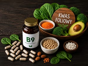 Produkty w których znajduje się kwas foliowy, miska warzyw i supelementy.